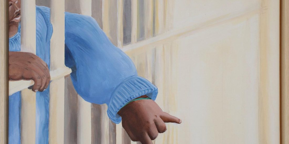 Innocente, Vostro Onore!, acrilico su tela 40x60 di Debora Cingano, 2024 — un bambino con un maglione azzurro si sporge tra le sbarre e indica fuori.