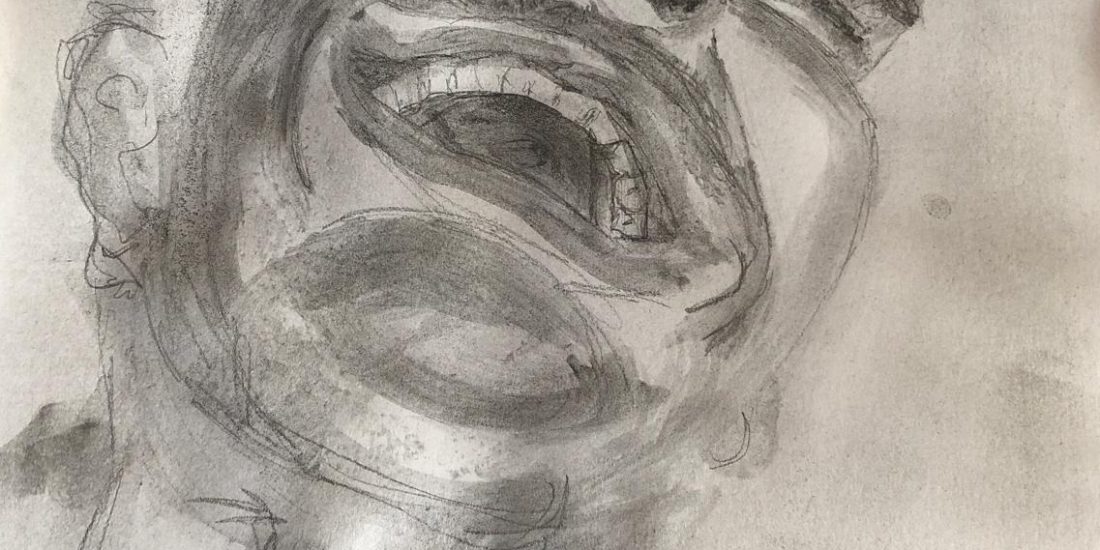 Studio del volto, espressioni in fusaggine su carta A4 di Debora Cingano, 2025 — volto maschile con bocca aperta e testa rovesciata
