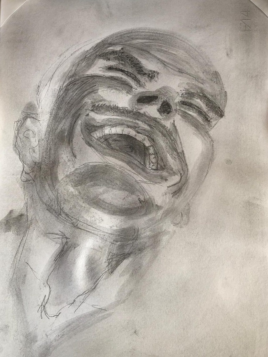 Studio del volto, espressioni in fusaggine su carta A4 di Debora Cingano, 2025 — volto maschile con bocca aperta e testa rovesciata