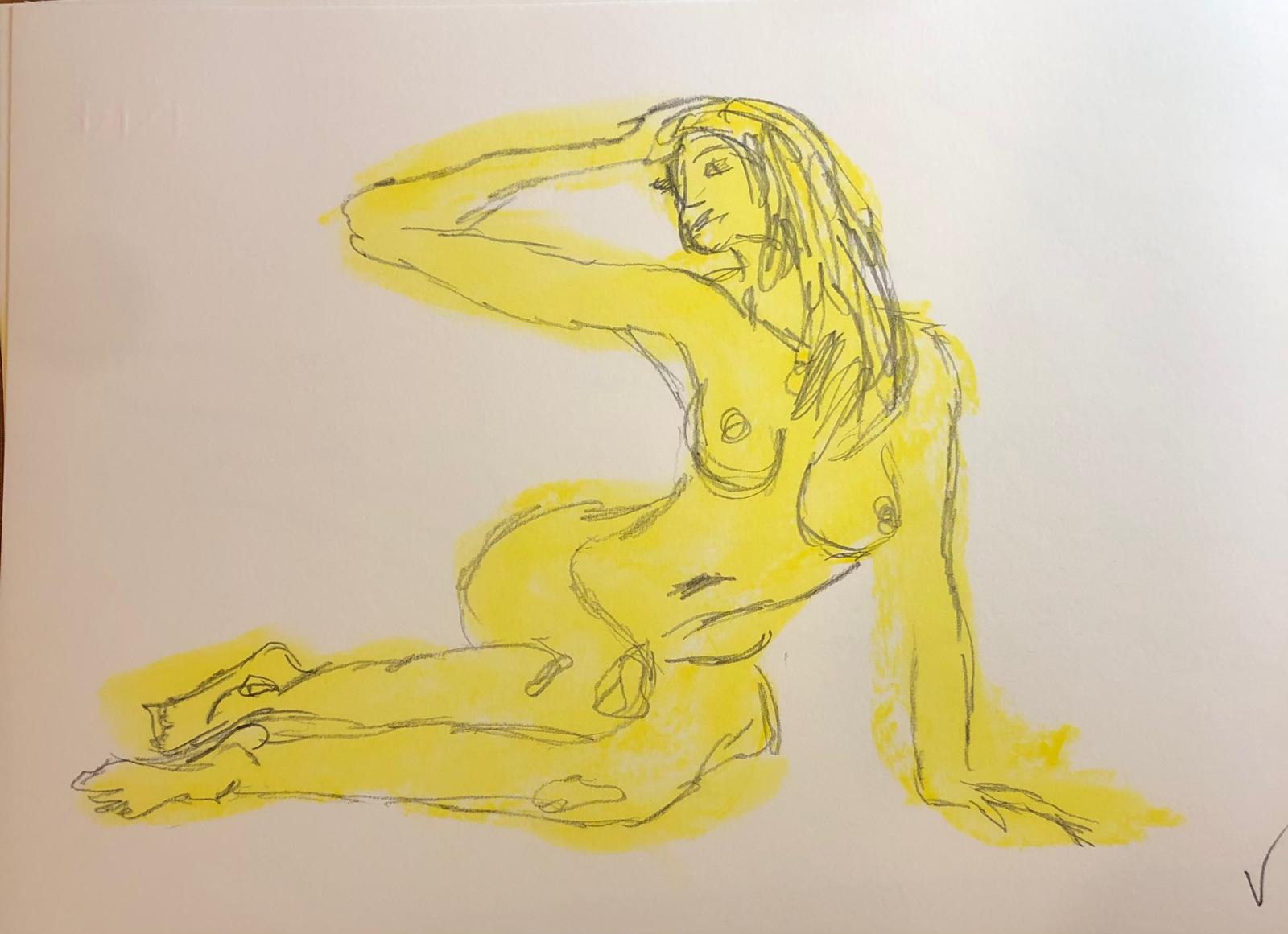 Disegno del gesto in 60 secondi di Debora Cingano, 2024 - figura femminile a grafite e pastello a olio giallo su carta