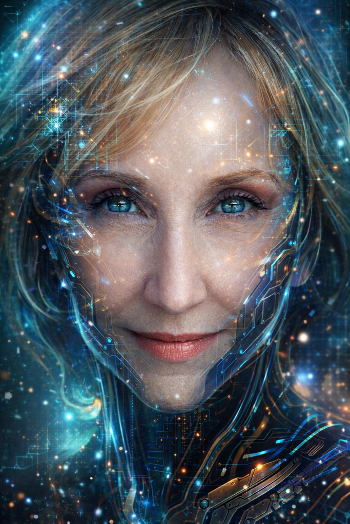 Debora Cingano pittrice artista visiva scrittrice — ritratto digitale di una donna con capelli biondi e occhi azzurri, sovrapposto a circuiti luminosi e costellazioni su sfondo blu cosmico